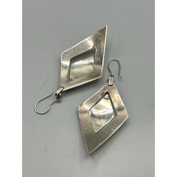 Sterling Silver Diamond Shaped Dangles Earrings Pierced Drops 925 Textured - Picture 5 of 6